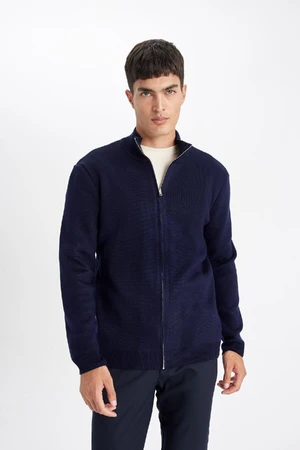 DEFACTO Navy Blue Comfort Regular Fit Relaxed Cut Stand Collar Pocket Basic Plain Zippered Sweatshirt