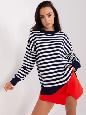 Navy blue and ecru women's oversize sweater with a striped pattern