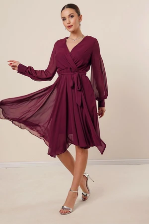 By Saygı Double Breasted Neck Long Sleeve Lined Chiffon Dress