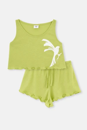 Dagi Green Bird Pattern Knitted Singlets Shorts Pajamas Set