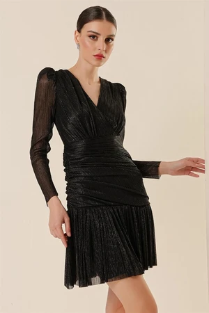 By Saygı Double-breasted Collar Lined Pleated Glittery Dress Black