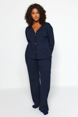 Trendyol Curve Navy Blue Corded Knitted Top-Bottom Set