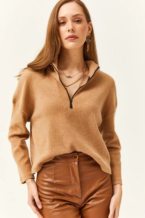 Olalook Women's Camel Zipper High Neck Raised Sweater