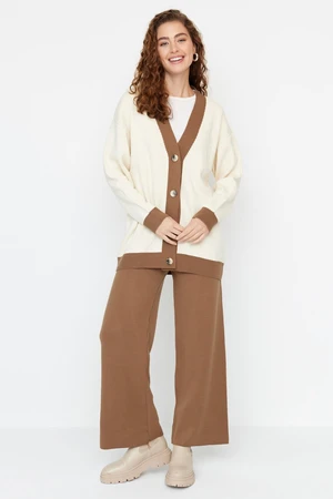 Trendyol Brown Stripe Detailed Cardigan-Pants Knitwear Set