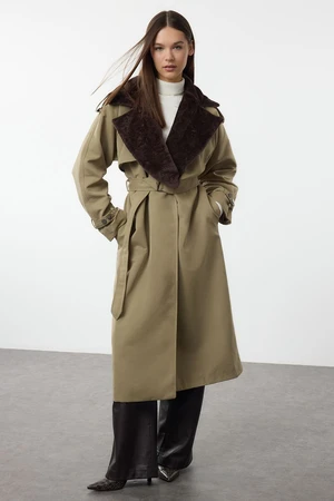 Trendyol Light Khaki Regular Collar Plush Detail Belted Trench Coat