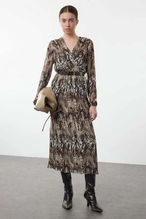 Trendyol Brown Belted Plain Belted Maxi Woven Dress