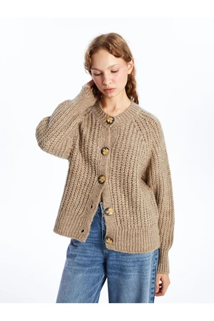 LC Waikiki Vision Light Brown Crew Neck Textured Women's Knitwear Cardigan