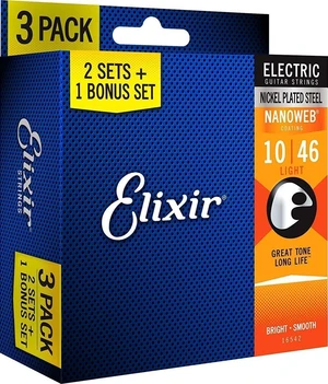 Elixir 16542 Nanoweb Electric Guitar Light 3 Pack (10-46) Cordes pour guitares électriques