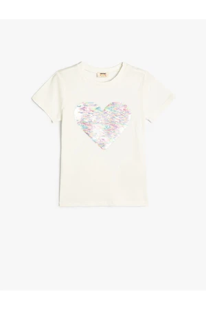 Koton T-Shirt Sequined Sequined Heart Crew Neck Cotton