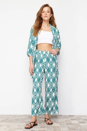 Trendyol Green Printed Comfort Cut Flexible Kimono Knitted Two Piece Set