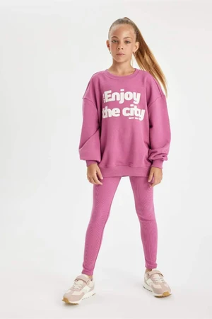 DEFACTO Girl's Crew Neck Printed Sweatshirt Basic Long Tights 2-Piece Set