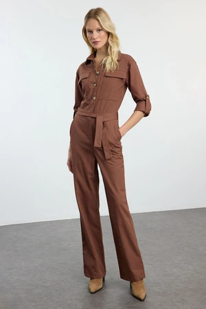 Trendyol Brown Belted Pocket Detailed Long Jumpsuit