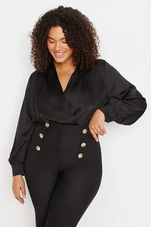 Trendyol Curve Black Woven Long Sleeve Double Breasted Satin Plus Size Bodysuit