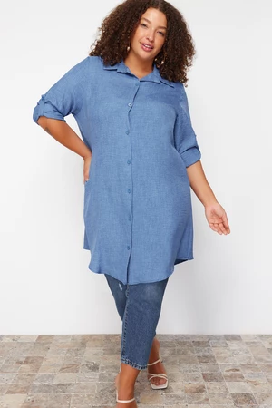 Trendyol Curve Blue Tunic Oversized Foldable Long Sleeve Plus Size Woven Shirt