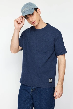 Trendyol Basic Indigo Oversize/Wide Cut Textured Waffle Pocket Labeled Short Sleeve T-Shirt