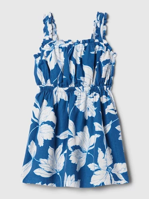 White-Blue Girly Floral Linen Dress GAP