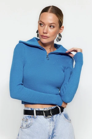 Trendyol Blue Crop Zips detailný pletený sveter