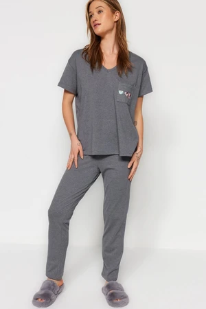 Trendyol Grey Pocket Printed Wide Pattern Tshirt-Pants Knitted Pajama Set