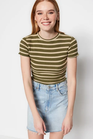 Trendyol Khaki Striped Baby Overlock Detailed Fitted Crop Ribbed Knitted Blouse