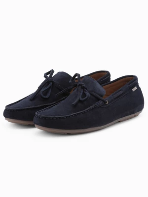 Ombre Men's leather moccasin shoes with thong and driver sole - navy blue