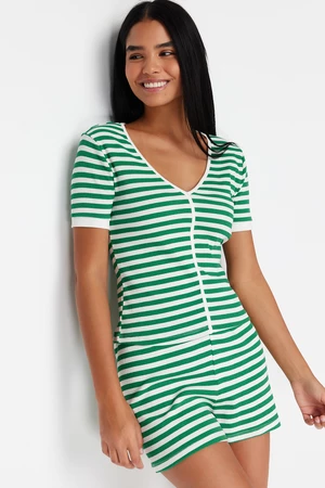 Trendyol Green Cotton Striped Corded Knitted Pajamas Set