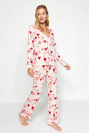 Trendyol Multicolored Heart Pile Detailed Viscose Shirt-Pants Woven Pajamas Set