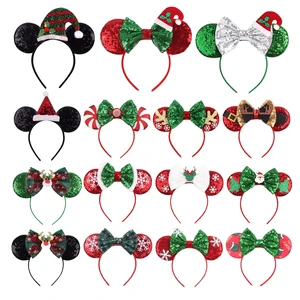 2022 Mickey Mouse Ears Headband Christmas Snowflake Festival Sequins Bow Hairband Women Girls Party Hair Accessories Gift