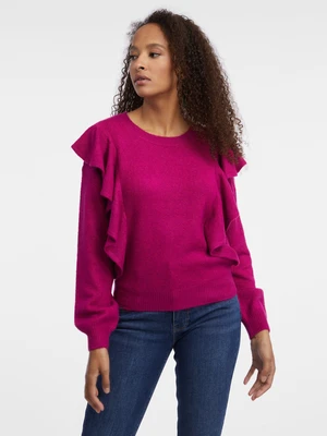 Orsay Dark pink ladies sweater with ruffles - Women