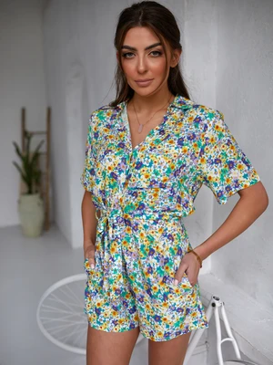 Green-purple summer floral overall with collar