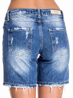Blue jean shorts with long legs and abrasions