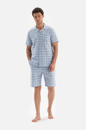 Dagi Light Blue Shirt Collar Plaid Woven Shorts Pajamas Set