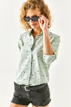 Olalook Women's Aquatic Green Floral Foldable Linen Shirt