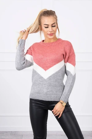 Sweater with geometric patterns dark pink+gray