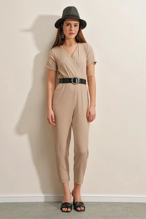 Bigdart 7022 Belted Knitted Jumpsuit - Biscuit