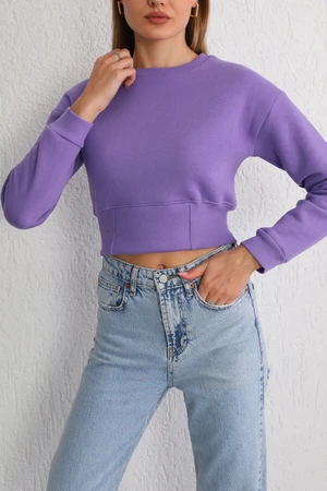 BİKELİFE Women's Lilac Waist Band Detail Fleece Knitted Sweatshirt Crop