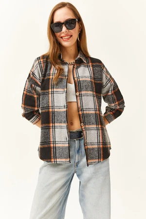 Olalook Women's Black Gray Orange Plaid Lumberjack Shirt