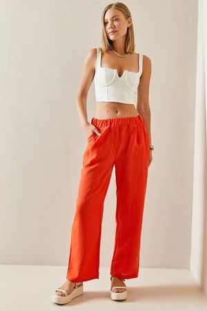 XHAN Orange Elastic Waist Wide Leg Pants