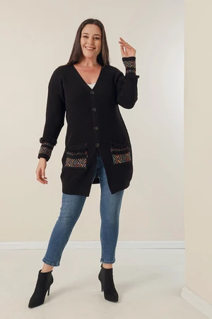 By Saygı Button-up Front, Tassels Patterned Plus Size Cardigan with Pockets And At The Ends Of The Sleeves.