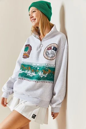 XHAN Gray Front Printed Zippered Sweatshirt