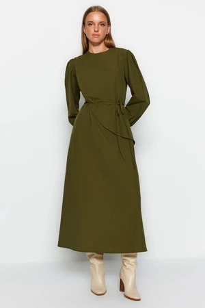 Trendyol Khaki Belted Front Split Cotton Woven Dress