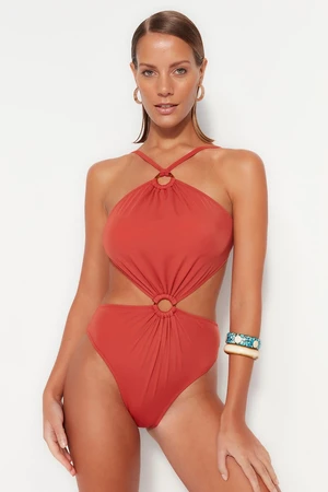 Trendyol Cinnamon Pile Collar Cut Out/Windowed Regular Leg Swimsuit