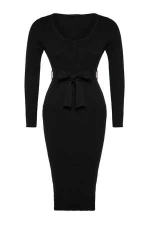 Trendyol Curve Black Knitwear Dress with Tie Detail and Buttons at the waist