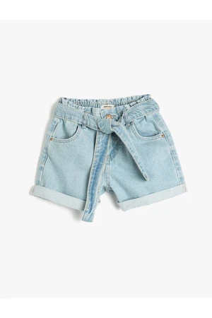 Koton Denim Shorts with Belt Detail Pocket, Cotton Cotton with Elastic Waist.