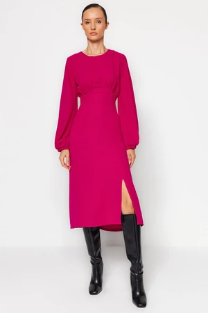 Trendyol Fuchsia Waist Opening Midi Voluminous Sleeve Detailed Woven Woven Dress