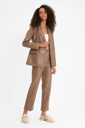 Trendyol Mink Straight/Straight Fit Woven Faux Leather Trousers