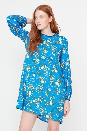 Trendyol Indigo Straight Cut Mini Woven Floral Woven Dress