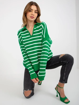 Green-white oversize striped sweater with collar