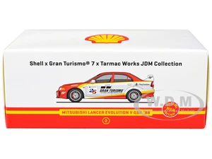 1998 Mitsubishi Lancer Evolution V GSR RHD (Right Hand Drive) Red and White with Yellow Stripes "Shell x Gran Turismo 7" Special Edition 1/64 Diecast