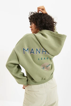 Trendyol Mint Back Print Detail Hooded Thick Fleece Knitted Sweatshirt