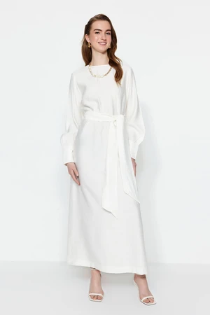 Trendyol White Wide Belted Zipper Cuffed Unlined Linen Look Dress